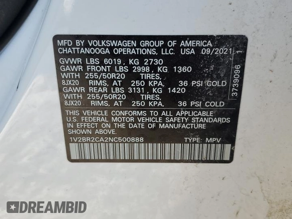 2022 Volkswagen Atlas SEL with VIN 1V2BR2CA2NC500888, listed as a Copart auction lot 42191415 with 63,868 mi miles and Clean title. Bid and sale history available at DreamBid. Image 13.