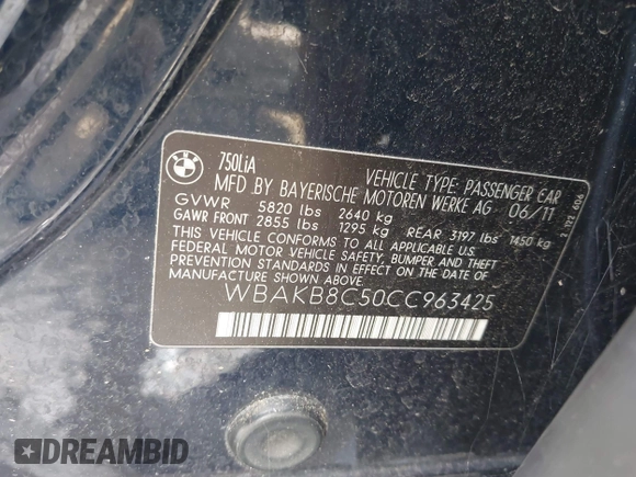 2012 BMW 7 Series 750Li with VIN WBAKB8C50CC963425, listed as a IAAI auction lot 42543576 with 132,054 mi miles and . Bid and sale history available at DreamBid. Image 9.
