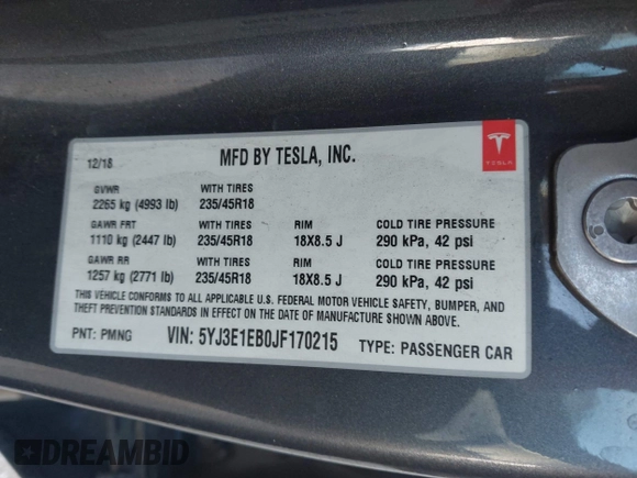 2018 Tesla Model 3 Long Range Battery with VIN 5YJ3E1EB0JF170215, listed as a IAAI auction lot 41969004 with 81,704 mi miles and . Bid and sale history available at DreamBid. Image 9.