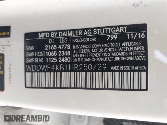 2017 Mercedes-Benz C 300 with VIN WDDWF4KB1HR250729, listed as a IAAI auction lot 42580813 with Not provided miles and . Bid and sale history available at DreamBid. Image 9.