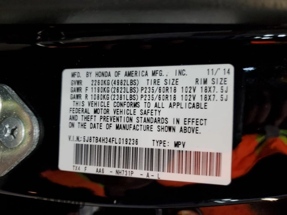 2015 Acura RDX z VIN 5J8TB4H34FL019236, wystawiony jako Copart lot #57553495 z przebiegiem 133 527 mil mil oraz Szkoda całkowita • Salvage title. Historia ofert i sprzedaży dostępna na DreamBid. Obrazek 16.