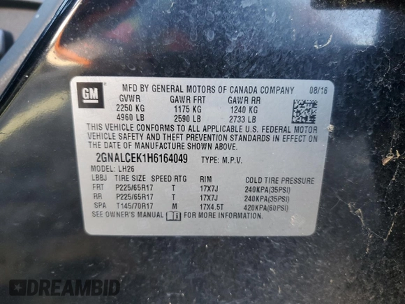 2017 Chevrolet Equinox LT with VIN 2GNALCEK1H6164049, listed as a Copart auction lot 56248125 with 166,861 mi miles and Clean Title. Bid and sale history available at DreamBid. Image 13.