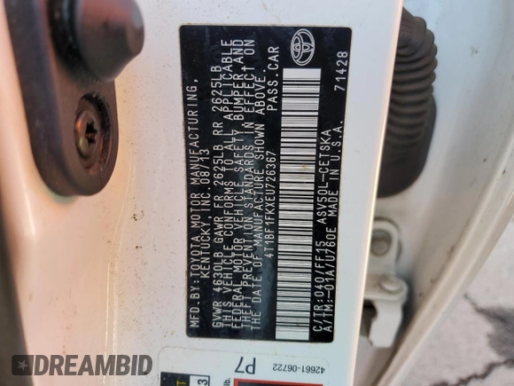 2014 Toyota Camry L with VIN 4T1BF1FKXEU726367, listed as a Copart auction lot 47887285 with 115,379 mi miles and Salvage Title. Bid and sale history available at DreamBid. Image 12.