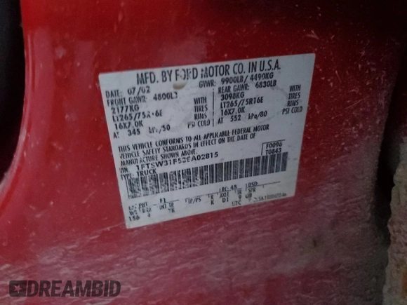 2003 Ford F-350 XL with VIN 1FTSW31F53EA02815, listed as a Copart auction lot 86809224 with Not provided miles and Clean title. Bid and sale history available at DreamBid. Image 12.