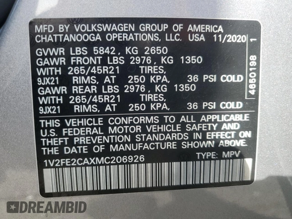 2021 Volkswagen Atlas SEL Premium R-Line with VIN 1V2FE2CAXMC206926, listed as a Copart auction lot 82925464 with 37,051 mi miles and Salvage title. Bid and sale history available at DreamBid. Image 14.