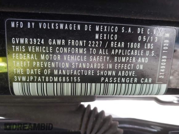 2013 Volkswagen Beetle Fender Edition with VIN 3VWJP7AT8DM685155, listed as a IAAI auction lot 41815170 with 49,901 mi miles and . Bid and sale history available at DreamBid. Image 9.