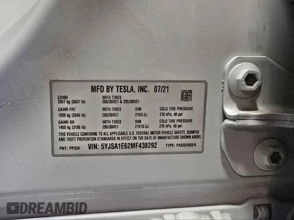 2021 Tesla Model S Plaid с VIN 5YJSA1E62MF438292, выставлен на аукционе Copart как лот 43340495 с пробегом 11 795 миль миль и Чистый • Clean title. История ставок и продаж доступна на DreamBid. Изображение 10.