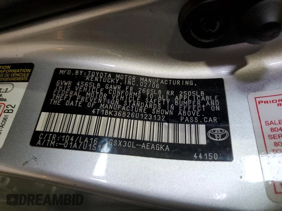 2006 Toyota Avalon XL with VIN 4T1BK36B26U123132, listed as a Copart auction lot 60963825 with 201,776 mi miles and Salvage title. Bid and sale history available at DreamBid. Image 12.