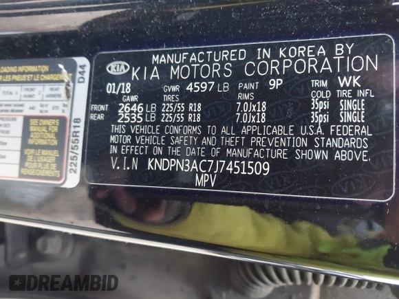 2018 Kia Sportage EX with VIN KNDPN3AC7J7451509, listed as a IAAI auction lot 41925277 with 64,933 mi miles and . Bid and sale history available at DreamBid. Image 9.