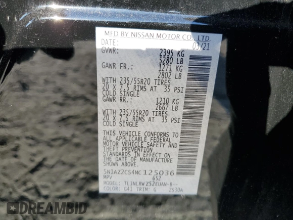 2021 Nissan Murano SL with VIN 5N1AZ2CS4MC125036, listed as a Copart auction lot 82931584 with 39,907 mi miles and Salvage Title. Bid and sale history available at DreamBid. Image 13.