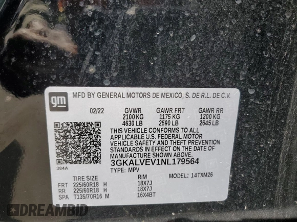 2022 GMC Terrain SLT with VIN 3GKALVEV1NL179564, listed as a Copart auction lot 49104005 with 69,944 mi miles and Salvage title. Bid and sale history available at DreamBid. Image 15.