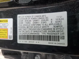 2022 Honda Civic LX z VIN 2HGFE2F24NH544392, wystawiony jako Copart lot #53513395 z przebiegiem Nie podano mil oraz Szkoda całkowita • Salvage title. Historia ofert i sprzedaży dostępna na DreamBid. Obrazek 12.