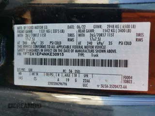 2022 Ford F-150 XL with VIN 1FTEX1EP4NKE30915, listed as a Copart auction lot 53478245 with 33,365 mi miles and Salvage title. Bid and sale history available at DreamBid. Image 12.
