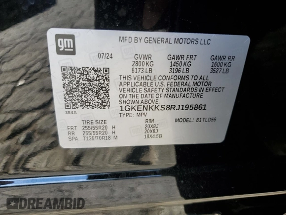 2024 GMC Acadia FWD Elevation z VIN 1GKENKKS8RJ195861, wystawiony jako Copart lot #80364764 z przebiegiem 1351 mil mil oraz Szkoda całkowita • Salvage title. Historia ofert i sprzedaży dostępna na DreamBid. Obrazek 14.