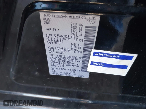 2014 Nissan Pathfinder SL with VIN 5N1AR2MM7EC718018, listed as a IAAI auction lot 41491505 with 153,343 mi miles and . Bid and sale history available at carsss.com. Image 9.