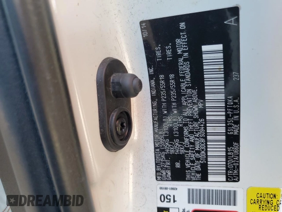 2015 Toyota Sienna Ltd with VIN 5TDDK3DC8FS094426, listed as a Copart auction lot 50447625 with 109,608 mi miles and Salvage Title. Bid and sale history available at carsss.com. Image 13.