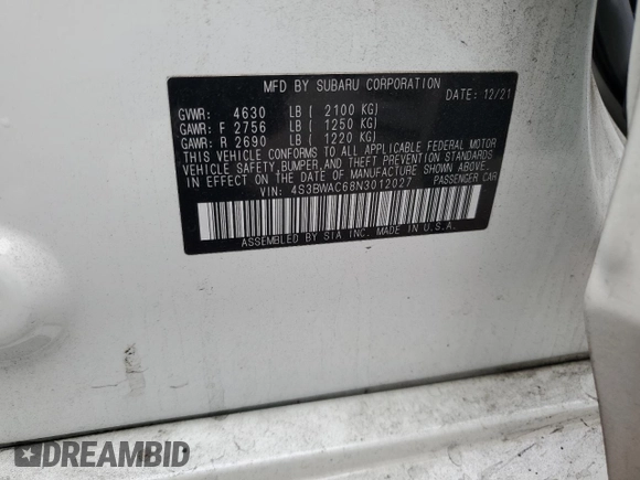 2022 Subaru Legacy Premium с VIN 4S3BWAC68N3012027, выставлен на аукционе Copart как лот 53644225 с пробегом 180 168 миль миль и Списание • Salvage title. История ставок и продаж доступна на DreamBid. Изображение 14.