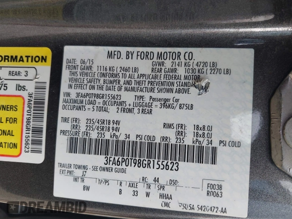 2016 Ford Fusion SE with VIN 3FA6P0T98GR155623, listed as a IAAI auction lot 42657514 with 171,518 mi miles and . Bid and sale history available at DreamBid. Image 9.