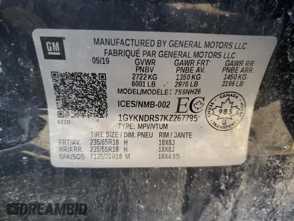 2019 Cadillac XT5 Luxury AWD with VIN 1GYKNDRS7KZ267795, listed as a Copart auction lot 49582025 with 134,241 mi miles and Clean title. Bid and sale history available at DreamBid. Image 13.