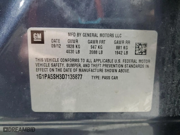 2013 Chevrolet Cruze LS with VIN 1G1PA5SH3D7135877, listed as a Copart auction lot 86778004 with 116,970 mi miles and Salvage Title. Bid and sale history available at carsss.com. Image 13.