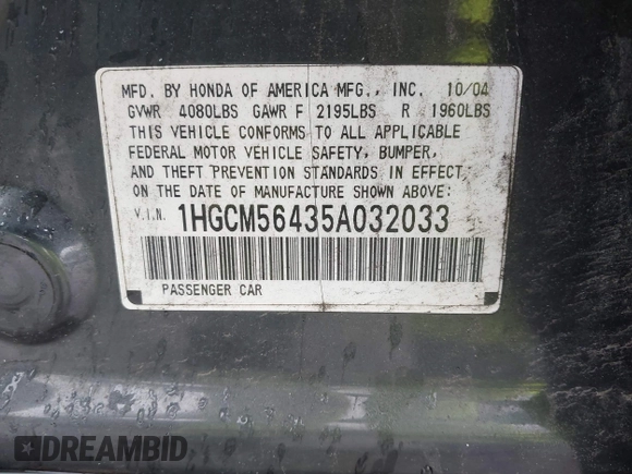 2005 Honda Accord LX z VIN 1HGCM56435A032033, wystawiony jako IAAI lot #42330649 z przebiegiem 236 298 mil mil oraz . Historia ofert i sprzedaży dostępna na DreamBid. Obrazek 9.