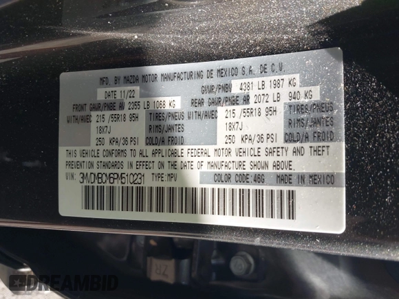 2023 Mazda CX-30 S Carbon Edition with VIN 3MVDMBCM6PM510231, listed as a IAAI auction lot 42579591 with 29,240 mi miles and . Bid and sale history available at DreamBid. Image 9.