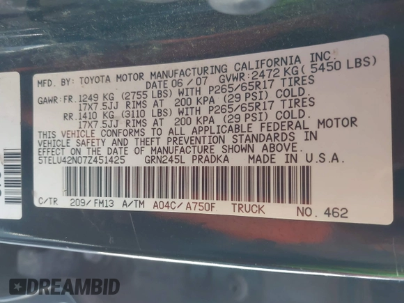 2007 Toyota Tacoma with VIN 5TELU42N07Z451425, listed as a IAAI auction lot 41828083 with 346,755 mi miles and . Bid and sale history available at DreamBid. Image 9.