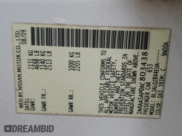 2010 Nissan Maxima S with VIN 1N4AA5AP0AC803438, listed as a Copart auction lot 56127025 with 189,922 mi miles and Salvage title. Bid and sale history available at DreamBid. Image 12.