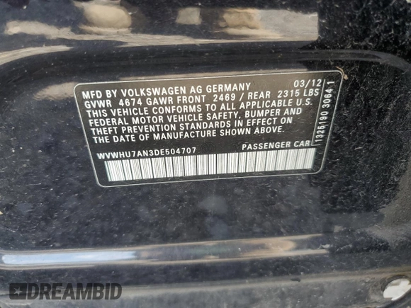 2013 Volkswagen CC VR6 Lux with VIN WVWHU7AN3DE504707, listed as a Copart auction lot 61265024 with 0 mi miles and Salvage Title. Bid and sale history available at carsss.com. Image 13.