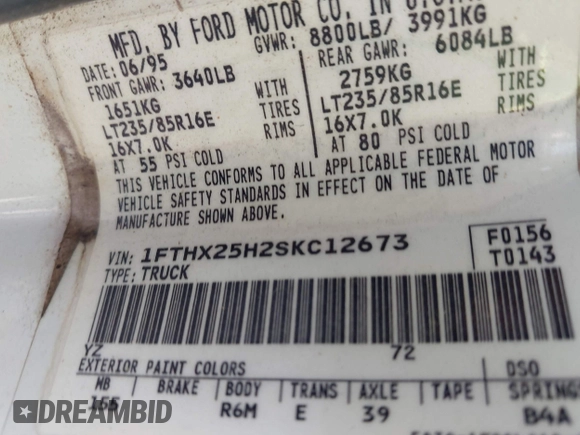 1995 Ford F-250 z VIN 1FTHX25H2SKC12673, wystawiony jako IAAI lot #42381220 z przebiegiem Nie podano mil oraz . Historia ofert i sprzedaży dostępna na DreamBid. Obrazek 9.