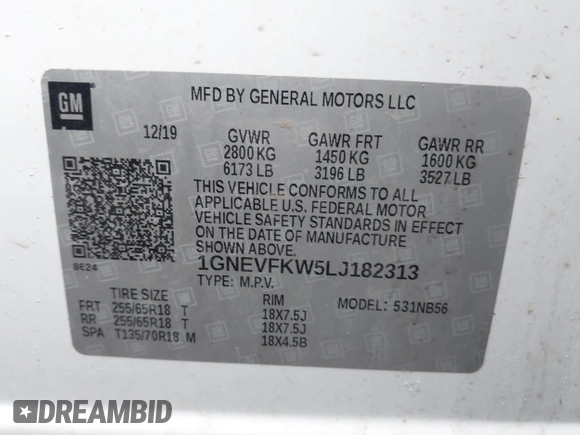 2020 Chevrolet Traverse LS with VIN 1GNEVFKW5LJ182313, listed as a IAAI auction lot 41557541 with 103,225 mi miles. Bid and sale history available at carsss.com. Image 9.