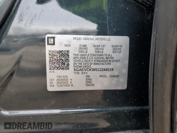 2018 Buick Enclave Avenir with VIN 5GAEVCKW5JJ244119, listed as a Copart auction lot 46109535 with 86,330 mi miles and Non Repairable. Bid and sale history available at DreamBid. Image 15.