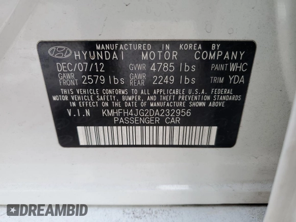 2013 Hyundai Azera with VIN KMHFH4JG2DA232956, listed as a Copart auction lot 46245175 with 59,987 mi miles and Salvage Title. Bid and sale history available at DreamBid. Image 13.