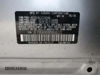 2024 Subaru WRX Premium with VIN JF1VBAH64R9808221, listed as a Copart auction lot 54990545 with 105,565 mi miles and Salvage title. Bid and sale history available at DreamBid. Image 12.