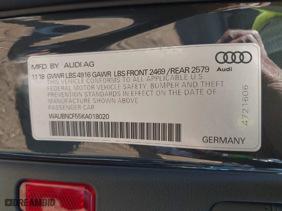 2019 Audi A5 Sportback Premium Plus with VIN WAUBNCF55KA018020, listed as a IAAI auction lot 41339747 with 65,905 mi miles. Bid and sale history available at carsss.com. Image 9.