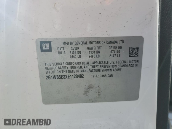2014 Chevrolet Impala LT with VIN 2G1WB5E3XE1128402, listed as a Copart auction lot 63413525 with 101,161 mi miles and Salvage title. Bid and sale history available at DreamBid. Image 12.
