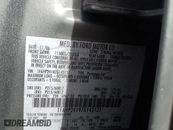 2007 Ford Five Hundred SEL z VIN 1FAHP24197G143131, wystawiony jako Copart lot #54249095 z przebiegiem 153 305 mil mil oraz Czysty tytuł • Clean title. Historia ofert i sprzedaży dostępna na DreamBid. Obrazek 12.