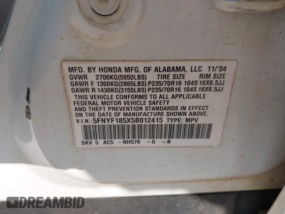 2005 Honda Pilot EX-L with VIN 5FNYF185X5B012415, listed as a IAAI auction lot 42395828 with 246,342 mi miles and . Bid and sale history available at DreamBid. Image 9.