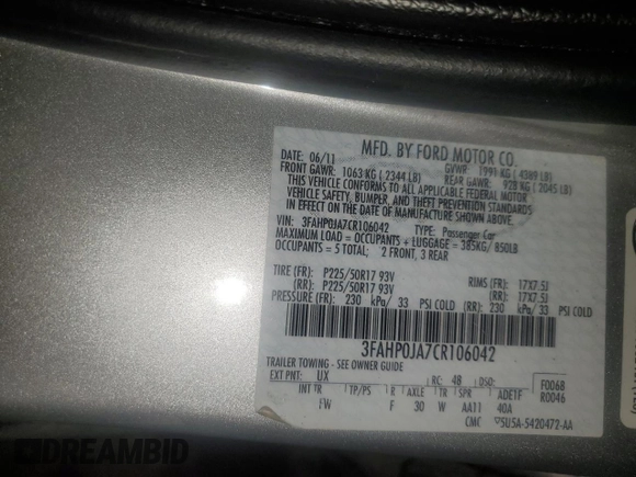 2012 Ford Fusion SEL with VIN 3FAHP0JA7CR106042, listed as a Copart auction lot 47945695 with 88,751 mi miles and Clean Title. Bid and sale history available at carsss.com. Image 14.