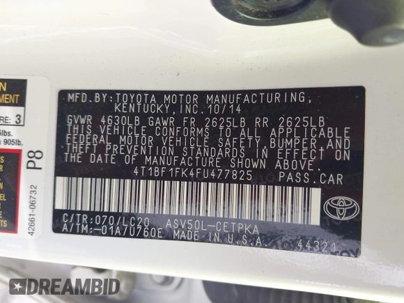 2015 Toyota Camry XLE with VIN 4T1BF1FK4FU477825, listed as a IAAI auction lot 41988429 with 156,886 mi miles and . Bid and sale history available at DreamBid. Image 9.