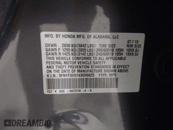 2019 Honda Pilot EX-L with VIN 5FNYF6H51KB099825, listed as a IAAI auction lot 42421688 with 51,370 mi miles and . Bid and sale history available at DreamBid. Image 9.