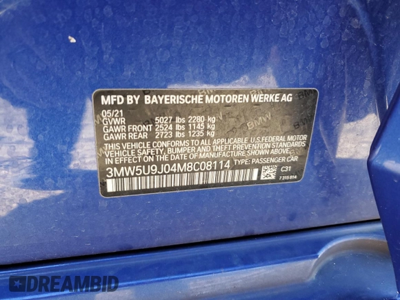 2021 BMW 3 Series M340i xDrive with VIN 3MW5U9J04M8C08114, listed as a Copart auction lot 49565235 with 62,470 mi miles and Salvage Title. Bid and sale history available at carsss.com. Image 14.