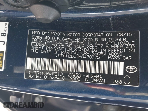 2015 Toyota Prius Four with VIN JTDKN3DU4F0470775, listed as a IAAI auction lot 42254233 with 125,495 mi miles and . Bid and sale history available at DreamBid. Image 9.