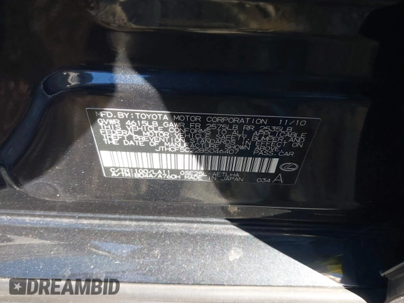 2011 Lexus IS 250 with VIN JTHCF5C22B5046407, listed as a IAAI auction lot 41701415 with 98,460 mi miles and . Bid and sale history available at DreamBid. Image 9.