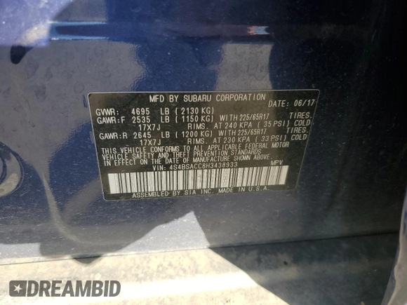 2017 Subaru Outback Premium with VIN 4S4BSACC8H3438933, listed as a Copart auction lot 54973275 with 60,496 mi miles and Salvage Title. Bid and sale history available at DreamBid. Image 13.