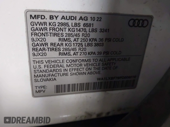 2023 Audi Q7 Premium Plus with VIN WA1LXBF79PD006076, listed as a IAAI auction lot 41410273 with 18,409 mi miles. Bid and sale history available at carsss.com. Image 9.
