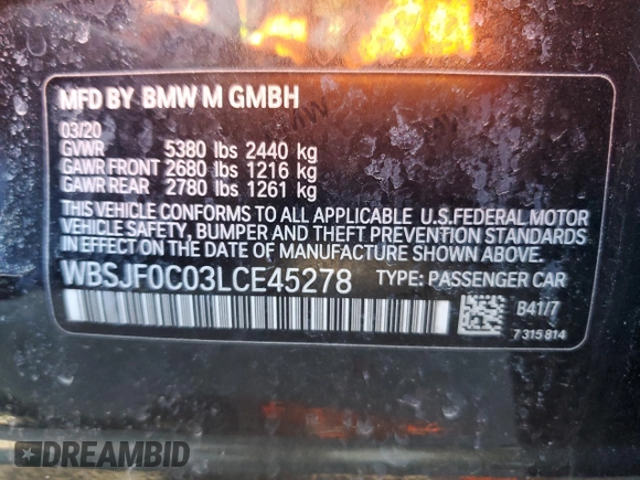 2020 BMW M5 Competition with VIN WBSJF0C03LCE45278, listed as a Copart auction lot 48372795 with 0 mi miles and Salvage Title. Bid and sale history available at carsss.com. Image 12.