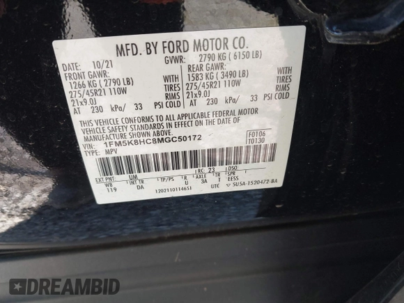 2021 Ford Explorer Platinum with VIN 1FM5K8HC8MGC50172, listed as a IAAI auction lot 41346866 with 59,704 mi miles. Bid and sale history available at carsss.com. Image 9.