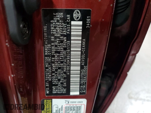 2006 Toyota Camry STD with VIN 4T1BE30K86U161139, listed as a Copart auction lot 53378585 with 180,273 mi miles and Salvage Title. Bid and sale history available at DreamBid. Image 12.