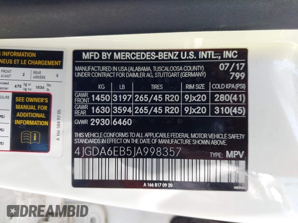 2018 Mercedes-Benz GLE 43 AMG with VIN 4JGDA6EB5JA998357, listed as a IAAI auction lot 42239740 with 102,758 mi miles and . Bid and sale history available at DreamBid. Image 9.